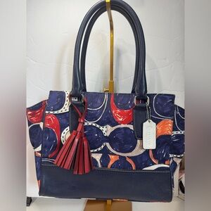 Coach Navy and Red Patterned Tote Legacy Heritage Scribble Carryall